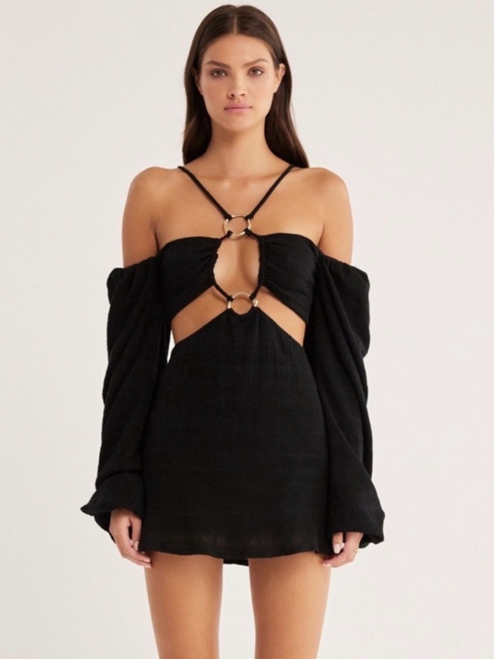 NWT RUMER Black Cutout Mini Dress with Gold Ring Detail, Size S/M